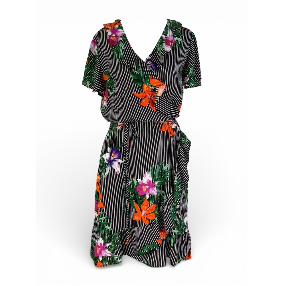 Who What Wear‎ Floral Stripe Wrap Dress M Boho Tropical Cottagecore Resort NWT
